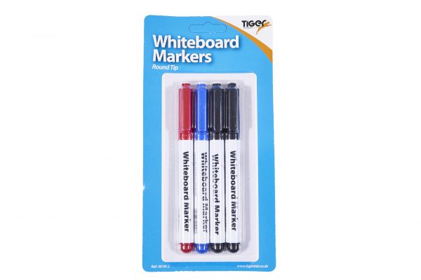 Tiger Stationery Slim Dry Whiteboard Round Tip Marker Pens 4 Pack