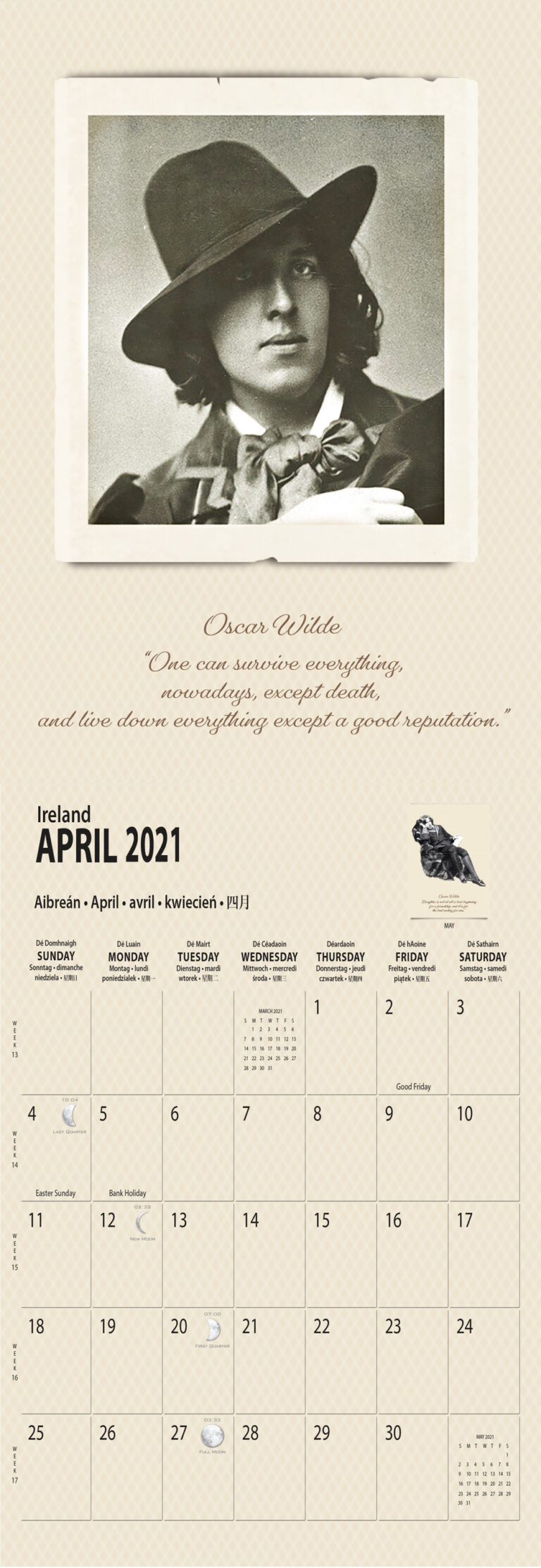 Oscar Wilde Calendar 2021 - Real Ireland A5 - Bookstation