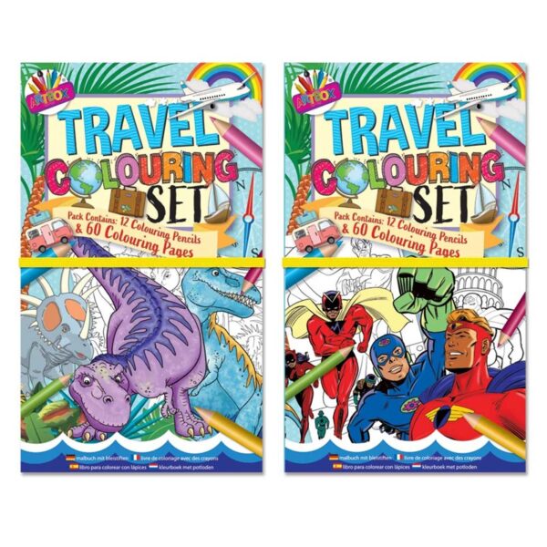 Travel Colouring Set With Dinosaur/Hero Colour Books & 12 Pencils