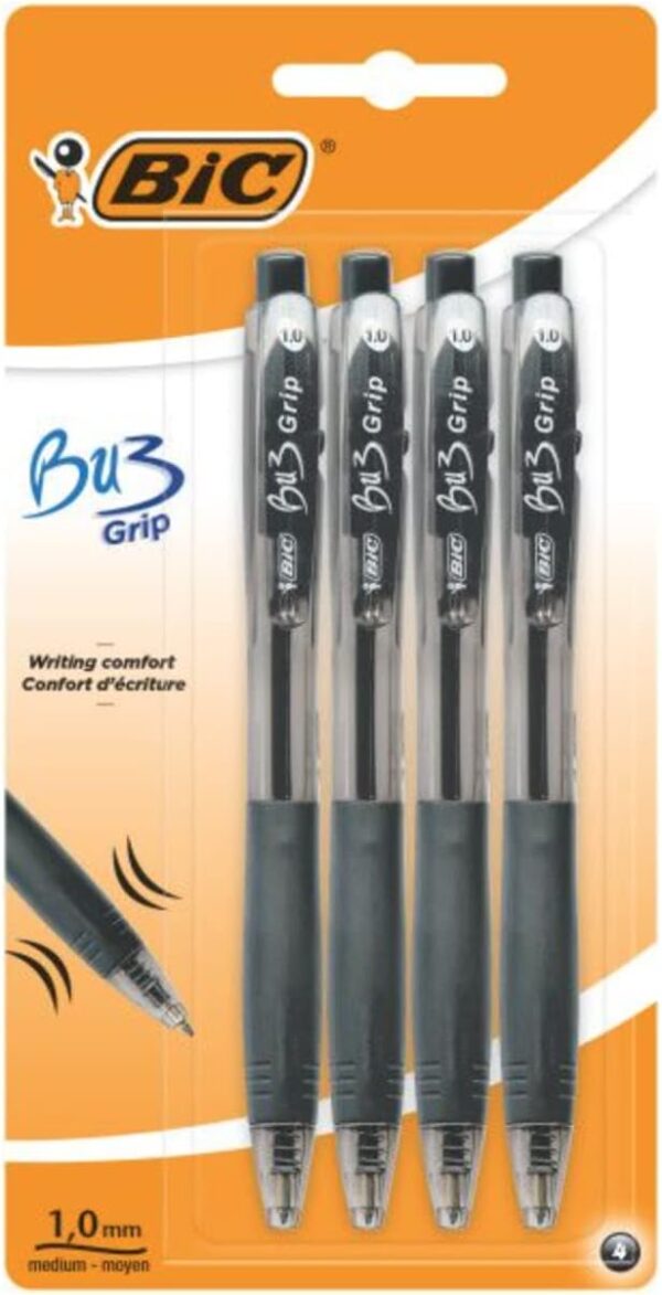 Bic Bu3 Grip 1.0mm Black Retractable Ball Pen 4 Pack