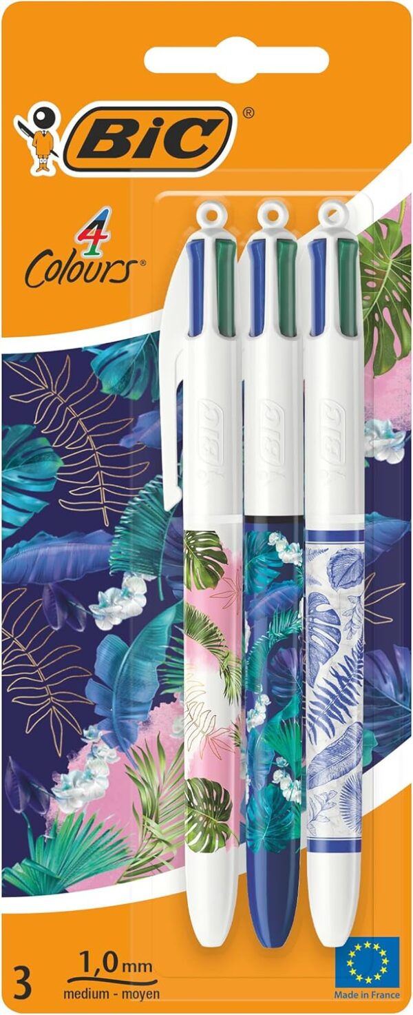 Bic 4 Colour Pen 3 Pack - Colourful Botanical Design